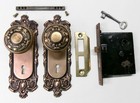 Antique Door Set Victorian   Eastlake Backplate Knob Mortise Lock Key Reclaimed