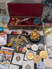 Junk Drawer Lot Jewelry Stamps Pin 1954 Wheat Pennies Baseball Card Batman Comic