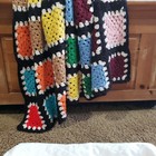 Throw Blanket Crochet Multicolor Granny Square Black Border Handmade Afghan Boho