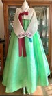 Korean Traditional Dress Silk Hanbok-ivory   Apple Green petticoat Norigae Shoes