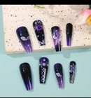 Deep Purple Floral Long Coffin Nail Tips 24pcs Goth Dark Boxed Nails Glue   Tabs