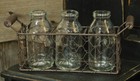 New - Rusty Chicken Wire Basket W  3 Small Vintage Reproduction Milk Bottles