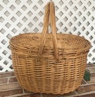 French Cottage Oval Wicker Picnic Basket W  Lid  Double Handles   Plaid Liner