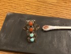 Vtg Petite Navajo Sterling Silver Turquoise Coral Row Ring Old Pawn Southwestern