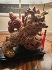 Vintage Pair Of Porcelain Foo Dog Lamps  Sword In Mouth  Brass Arms  Footed Wood