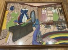 Vintage Framed Embroidery Art Modiste Dressmaker s Shop Victorian Sewing Scene