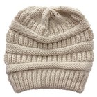 Beige cream Women Ponytail Messy Bun Beanie Pony Tail Winter Knit Stretch Hat Us