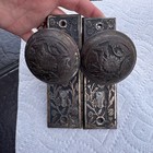 Antique 1900s Victorian Floral Swirl Door Knobs   Backplates Ornate Patina Charm
