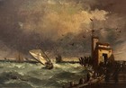 19th Century Oil Painting Fishing Boats   Pier H  Valter Marine Art