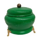 Vintage Aluminum Green Powder Puff Music Box Round  Empty  Works Legs Are Loose 
