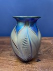 Iridescent Glass Pulled Feather Blue Gold Vase 4 5    X 3    Signed And Dated 1979