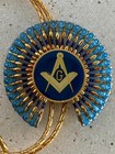 Vintage Masonic Bolo Tie Gold Tone Blue Bead Freemason Square   Compass Lodge G