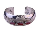 Sterling Silver Womens Coral Inlay Navajo Vintage Cuff Bracelet Handcrafted