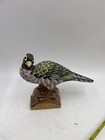 Pheasant Quail Bird Perched On Wood Base Brown Yellow Hand Carved Wood