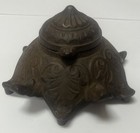 1880   s Antique Gothic Victorian Embossed Cast Iron Inkwell- Glass Insert 