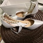 White Satin Bridal Pump Heels With Pearl Ankle Strap  Med Heel  Eu 36