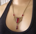 Butterfly Necklace Art Nouveau Filigree Pendant Antique Red Czech Glass