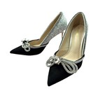 Msonydn Black Silver Glitter Crystal Bow Pointed Toe Stiletto Pumps Evening Shoe