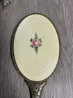 Vintage Hand Held Vanity Mirror Floral Design On Back Silver Plated