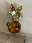 Dodds Gold Tone Rhinestone Cat Brooch Pin  Clear   Amber Stones  Metal