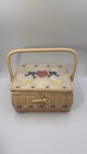Vtg 80s Raffia Straw Geese Heart Sewing Basket Fabric Lid Kitschy Cottage Core