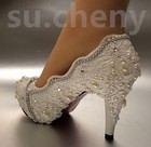 Su cheny 3  4  White Ivory Lace Rhinestones Pearl Wedding Bridal High Heel Shoes