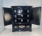Vtg Asian Oriental Black Lacquer Mother Of Pearl Jewelry Box Chest Cabinet  read