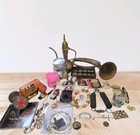  Vintage Junk Drawer Lot Bugle Brass Pot Toy Tractor Coins Jewelry Marbles Mixed