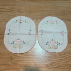 Vintage Hand Embroidered Oval Doilies Set 2 Floral Basket Pink Blue White Linen