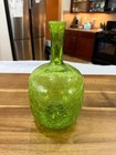 Hand Blown Green Crackle Glass Bottle Vase Pontil Art Glass 10 5   