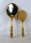 Vtg Globe 24k Gold Plated Vanity Set Mirror Brush Yellow Satin Hollywood Regency