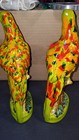 Vintage Mcm Pair Ceramic Parrot Figurine On Stump Green Red Orange