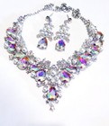 Ab Iridescent Crystal Pearl Rhinestone Necklace Earring Set Bridal Prom Pageant
