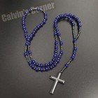 Lapis Lazuli Black Hematite Rosary Necklace Catholic Christ Cross Men Women Gift