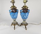 Pair Antique Hand Painted Cherub Figural Urn Lamps Goat Mask Victorian Revival