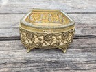 Vintage Gold Ormolu Beveled Glass Rose Filigree Jewelry Casket Box   