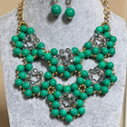 Green And Clear Grey Glass Bead Gold Tone Finish Necklace Earring Set