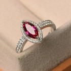 Red Ruby Ring  Silver Promising Ring  Marquise Cut  July Birthstone Halo Ring