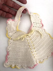 Vtg Antique Wht Pink Yellow Ribbon Button Baby Bib Crochet Collar Doll Handmade