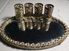 Vintage Gold Tone Filigree Vanity Mirror Tray With 4 Lipstick Tube Holders