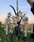 Vtg Mcm Italian Black White Flowers Metal Tole Hanging Ceiling Light Chandelier