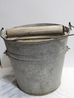 Vintage Wash Bucket Galvanized Metal Mop Wringer Wood Roller