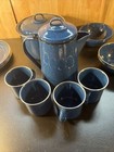 Enamel Blue Speckled Camping Dishes Plates Cups Bowls Plates Coffee Pot Pan Vtg