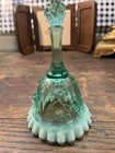 Vtg  Uranium Fenton Sea Mist -teal Opalescent Cabbage Rose Glass Bell Beautiful