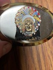 Vintage Native American Indian Chief In Head Dress Feathers Belt Buckle