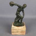 Discobolus Statue Bronze Antique Sculpture On Marble Onyx Base Vintage 1950s