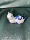 Vtg Blue White Porcelain Cat Figurine Miniature Small Hand Painted Floral Kitten