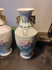 Vintage Pair Chinese Floral Reticulated Porcelain Vase Open Fret Work Gilded