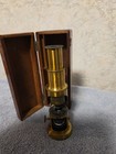 Antique French Drum Brass Microscope With Original Wooden Case