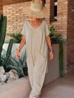 Womens Rompers Short Sleeve Jumpsuit One Piece Loose Baggy Long Pant With Pocket